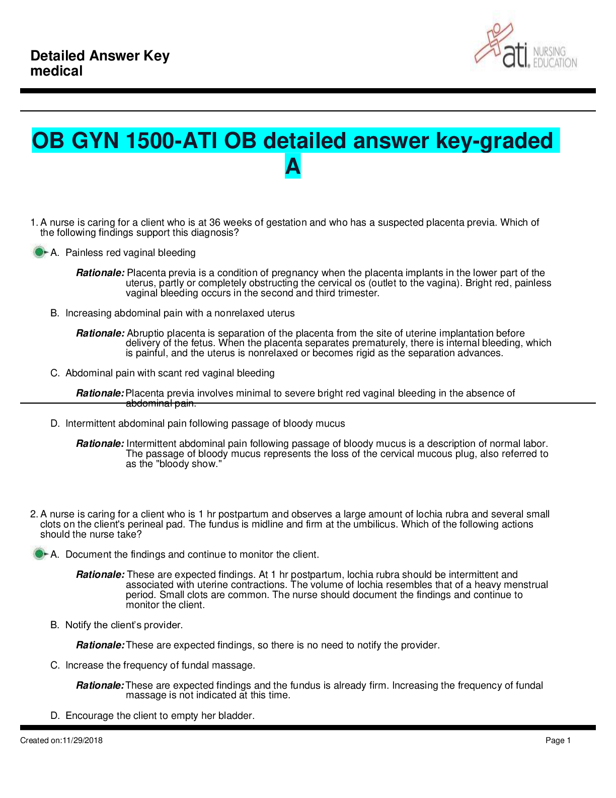 Preview of OB GYN 1500-ATI OB detailed answer key